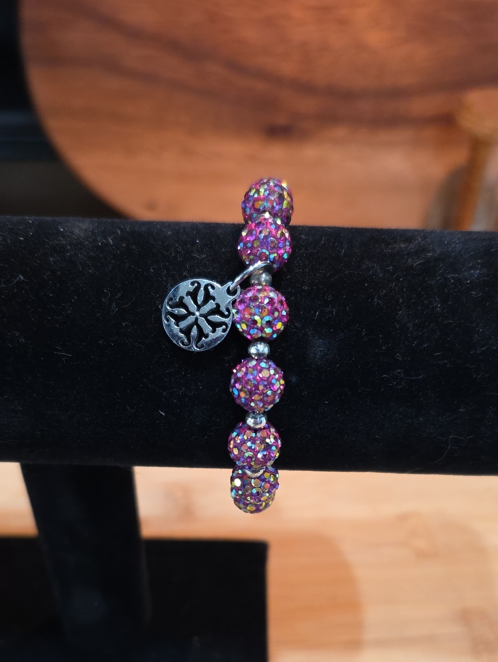 Purple Crystal Pave Bead Bracelet with Silver Charm